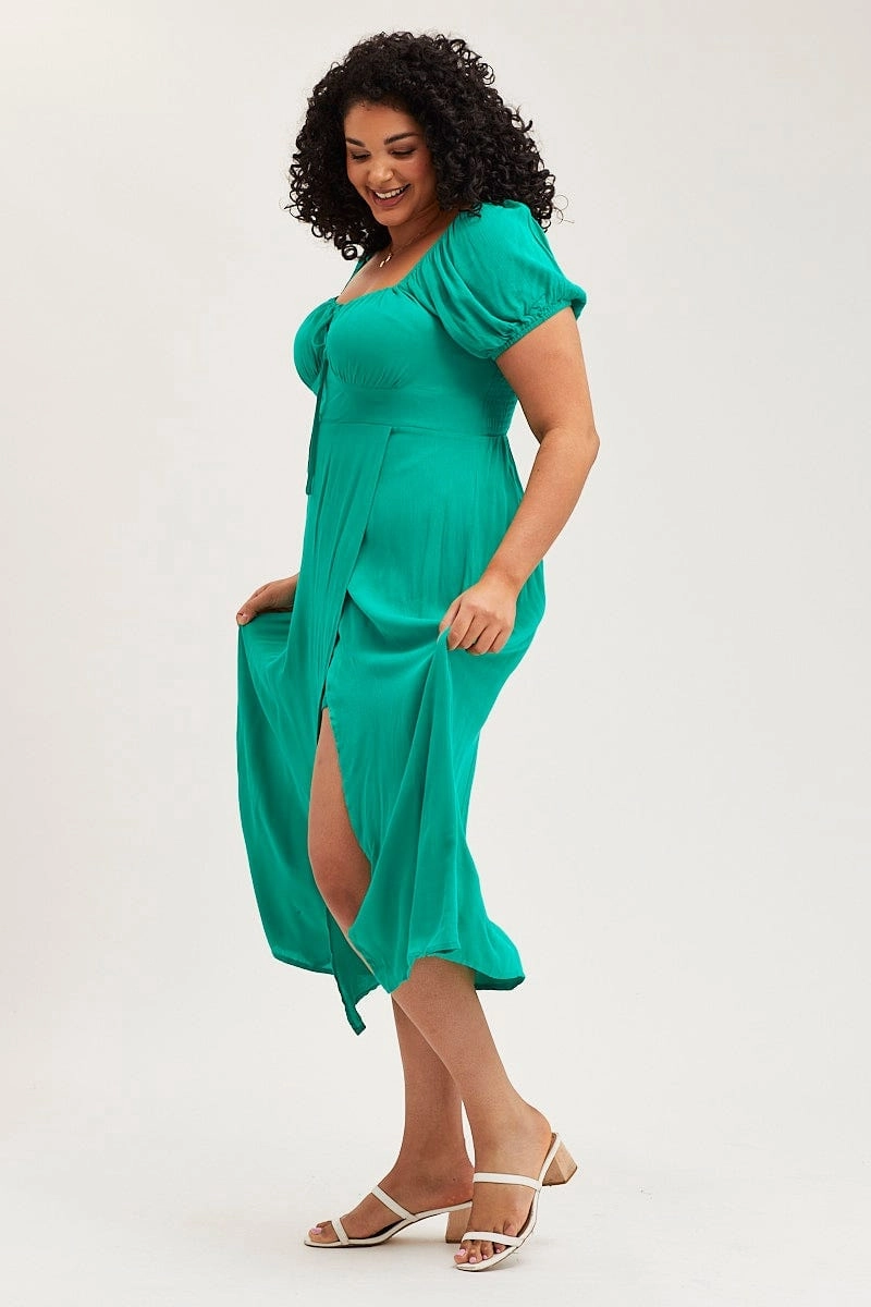 Air Beauty Green Maxi Dress Scoop Neck Short Sleeve Front Split