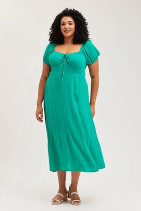 Light Volume Green Maxi Dress Scoop Neck Short Sleeve Front Split