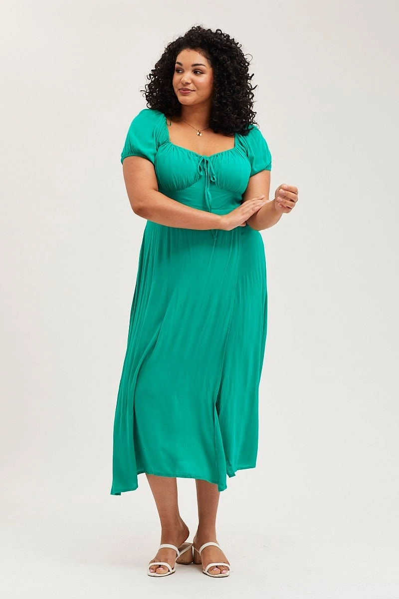Feather Light Green Maxi Dress Scoop Neck Short Sleeve Front Split
