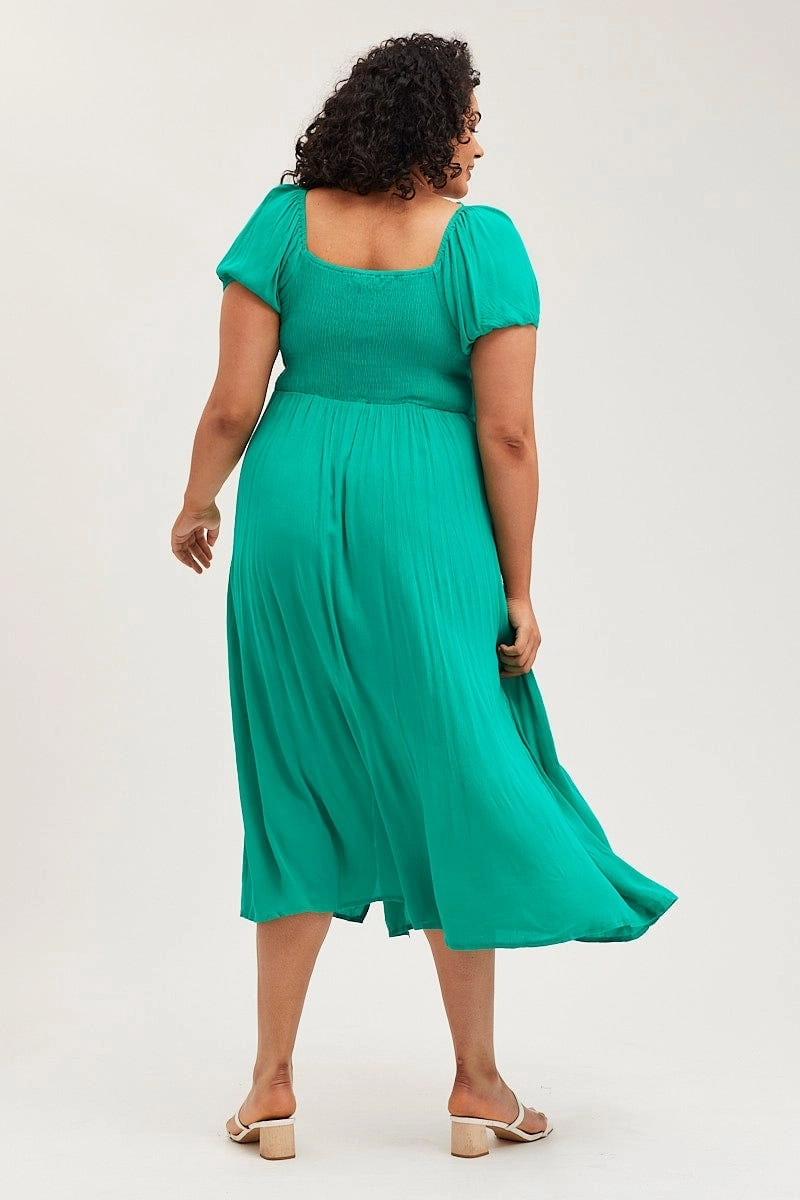 Green Maxi Dress Scoop Neck Short Sleeve Front Split Work Comfort Satin Layers