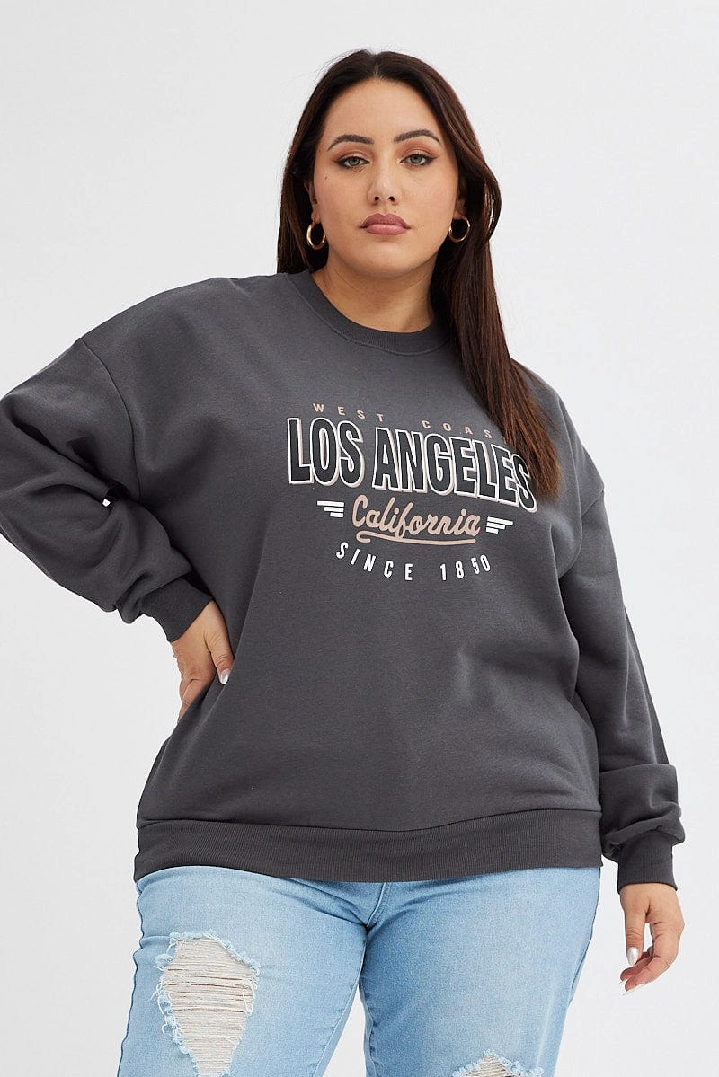 Grey Graphic Sweater Los Angeles Long Sleeve Relaxed Tall Fit