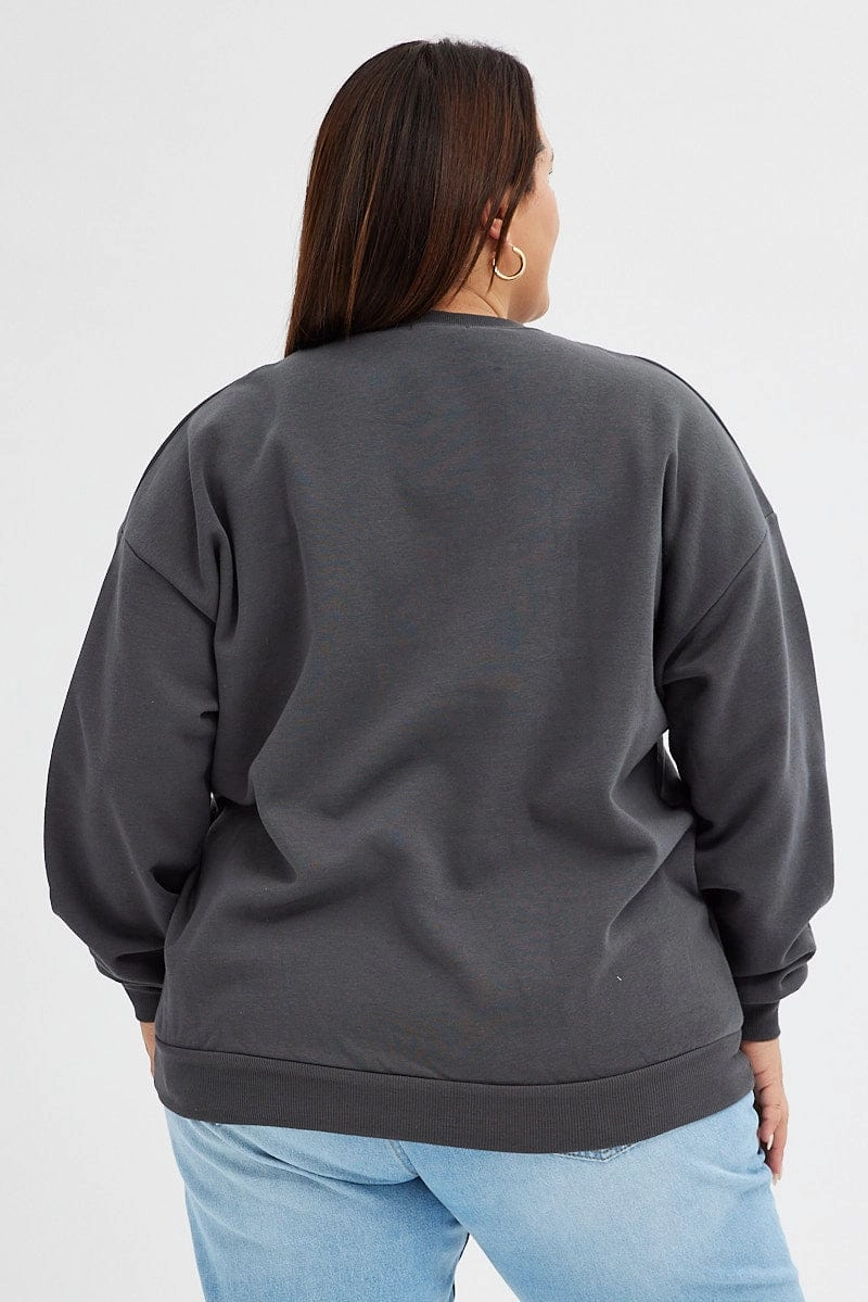 Grey Graphic Sweater Los Angeles Long Sleeve Relaxed Street Style Leather