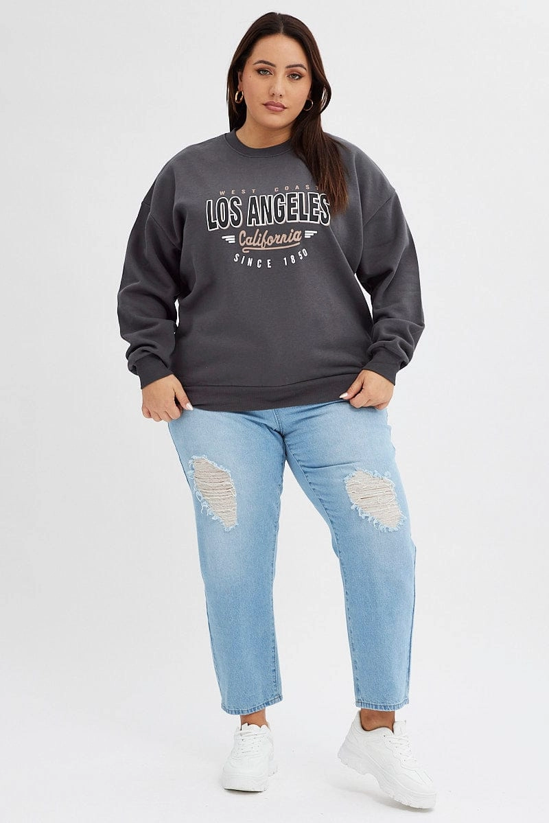 Grey Graphic Sweater Los Angeles Long Sleeve Relaxed Handmade