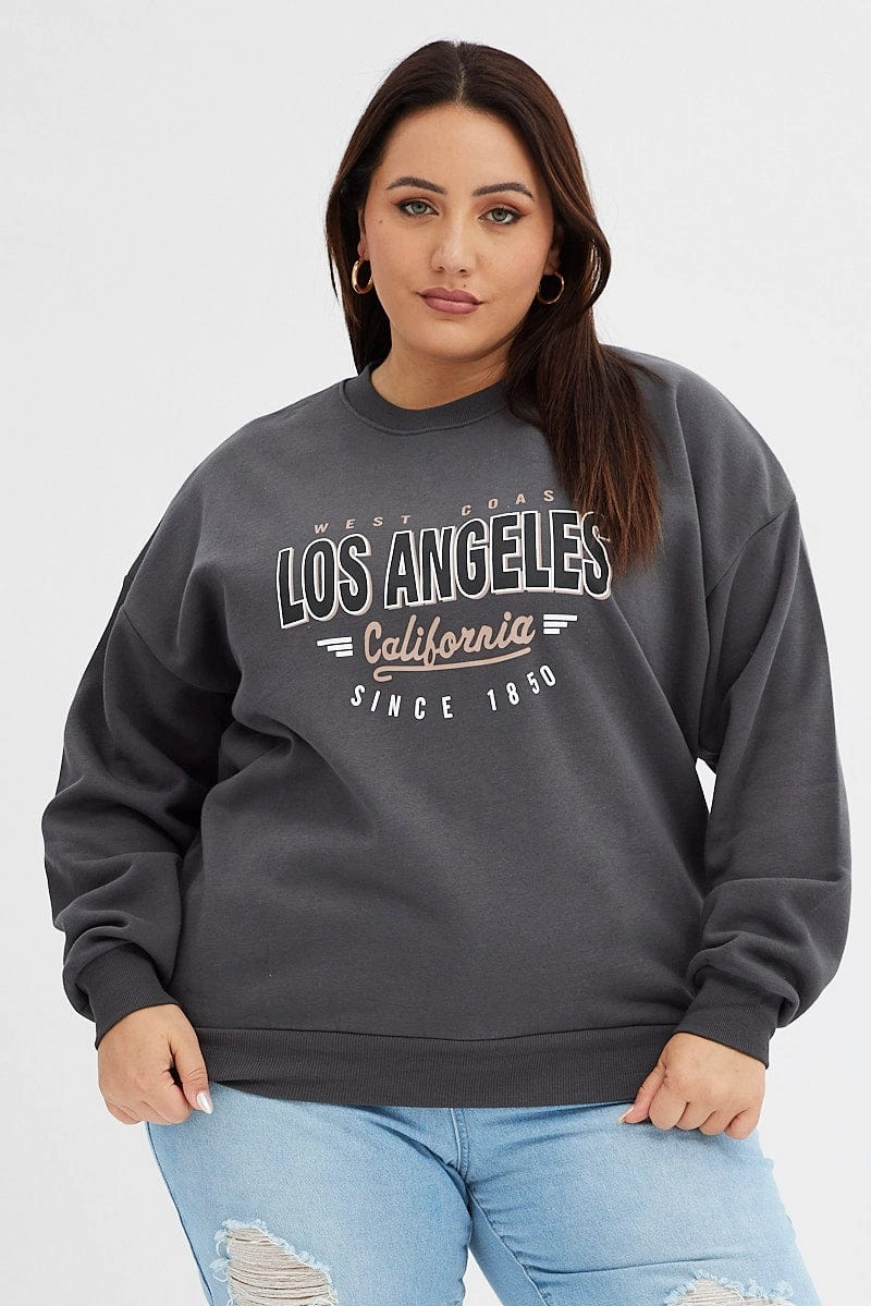 Easy iron Graphic Design Grey Graphic Sweater Los Angeles Long Sleeve Relaxed