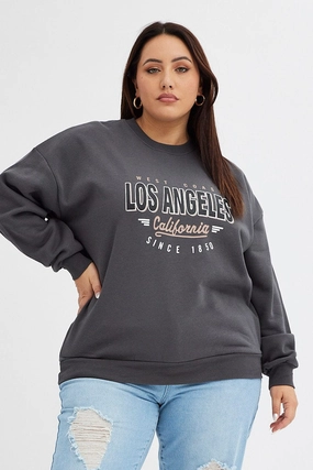 Grey Graphic Sweater Los Angeles Long Sleeve Relaxed Tall Fit