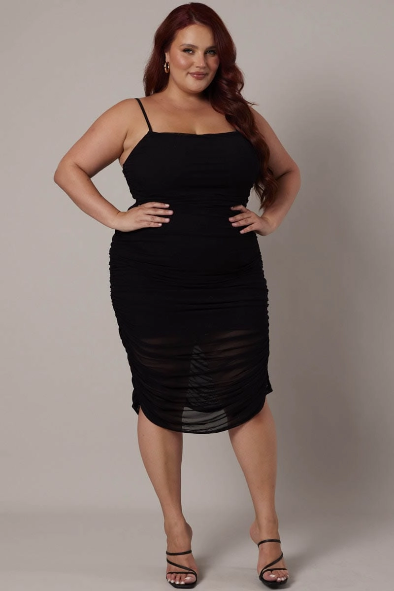 Black Ruched Mesh Dress Invisible-Zip Perfect Layer