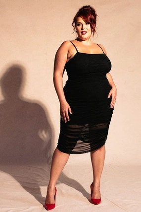 Romantic-Style Smooth Finish Black Ruched Mesh Dress