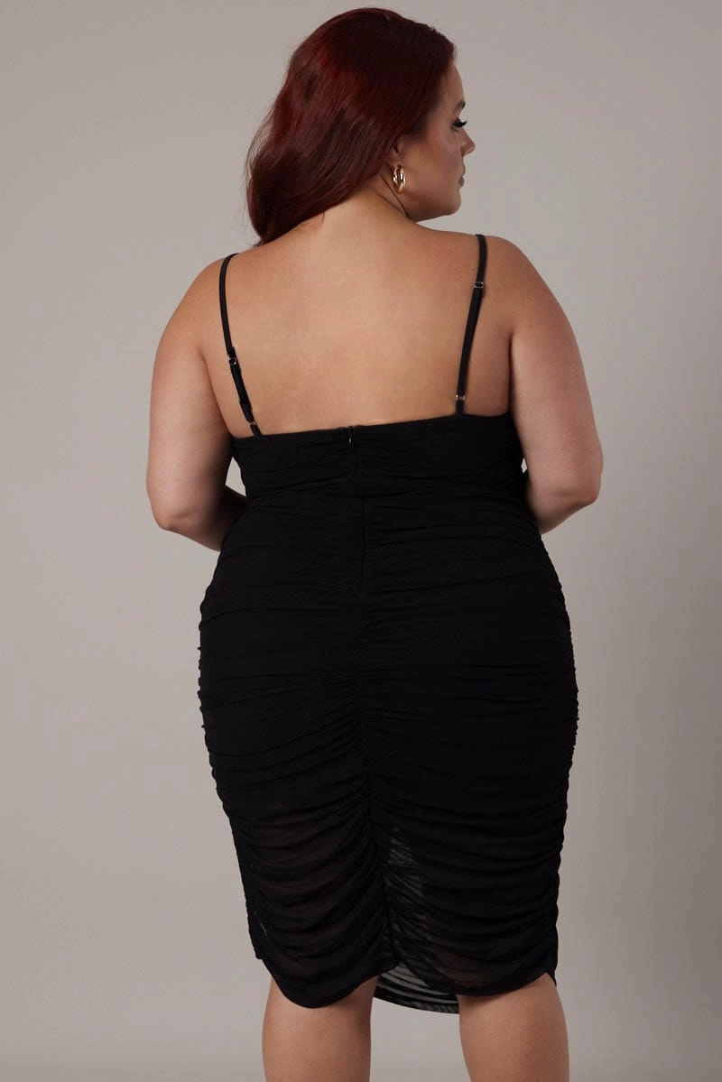Black Ruched Mesh Dress AntiPillTreatment Understated Elegance
