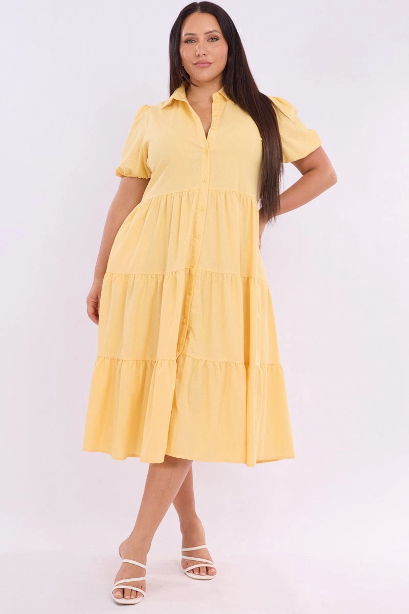 Light Blend Fresh Flow Yellow Midi Dress Short Sleeve Shirt