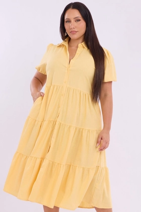 Yellow Midi Dress Short Sleeve Shirt Soft Vibes Elegant Motion