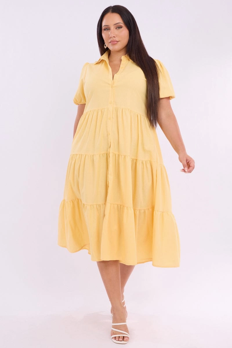 Back-Pocket Daytime Look Yellow Midi Dress Short Sleeve Shirt