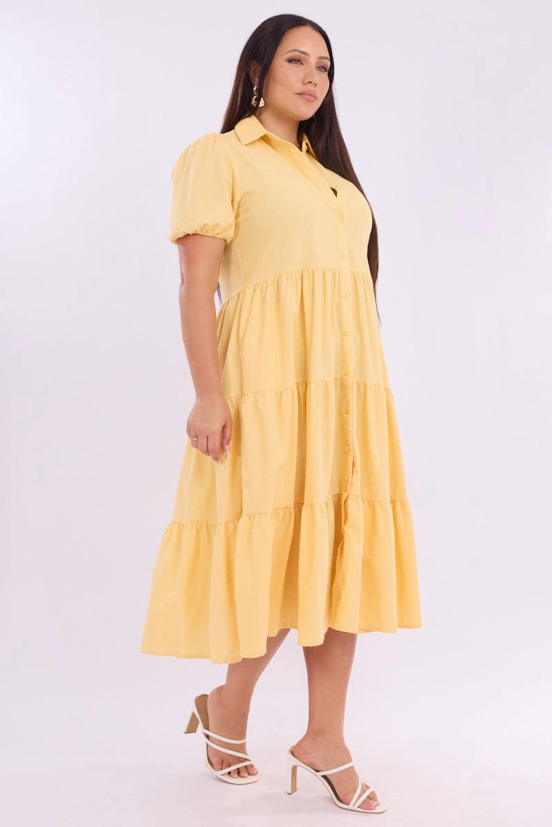 Yellow Midi Dress Short Sleeve Shirt Love Blend