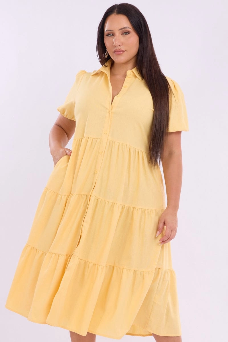 Yellow Midi Dress Short Sleeve Shirt Soft Vibes Elegant Motion