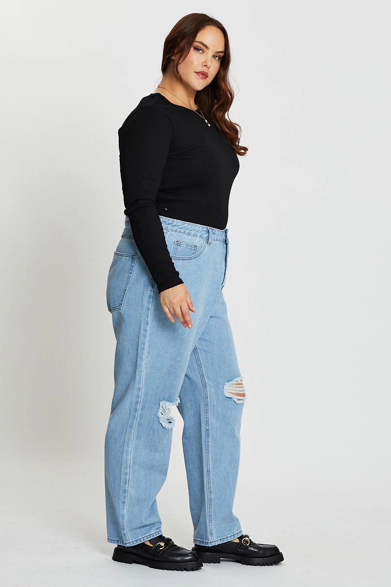Blue Denim Jean High Rise Slash Knee Straight Leg Clean Silhouette