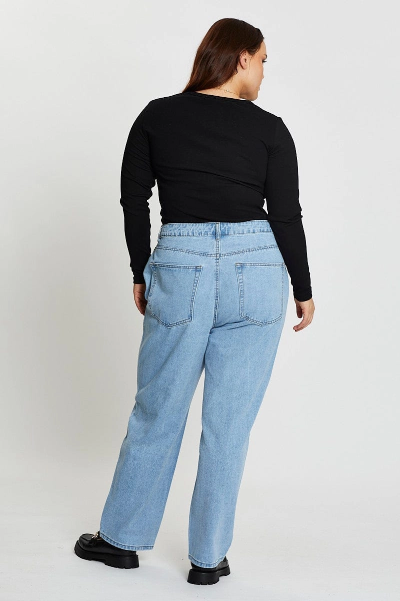 Blue Denim Jean High Rise Slash Knee Straight Leg Reliable Fit Sporty Comfort