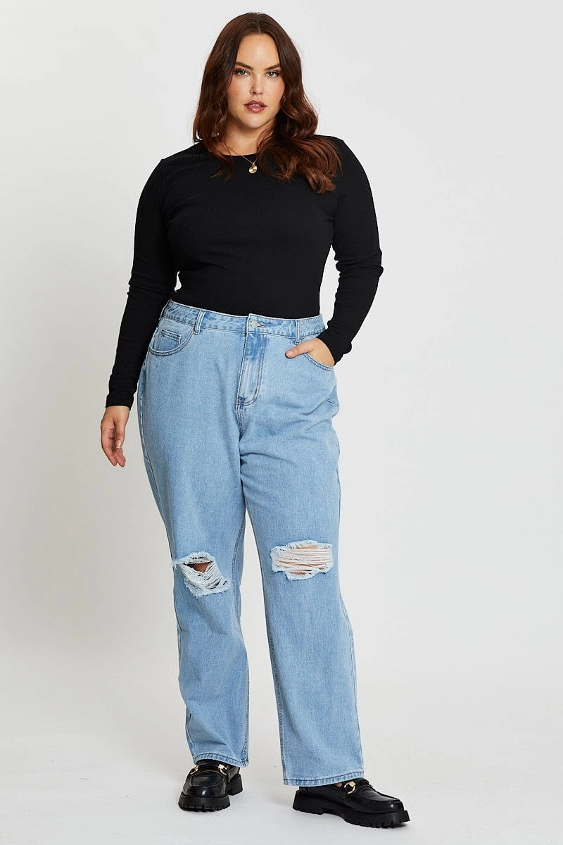 Essential Look Festival Outfit Urban Explorer Blue Denim Jean High Rise Slash Knee Straight Leg