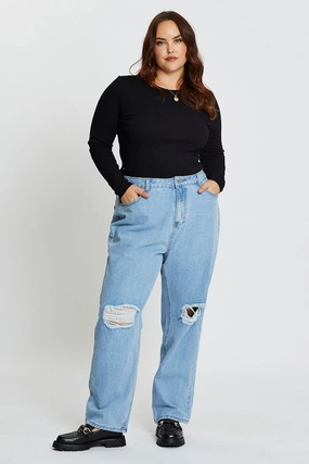 Blue Denim Jean High Rise Slash Knee Straight Leg Comfy Streetwear Fan Music Event