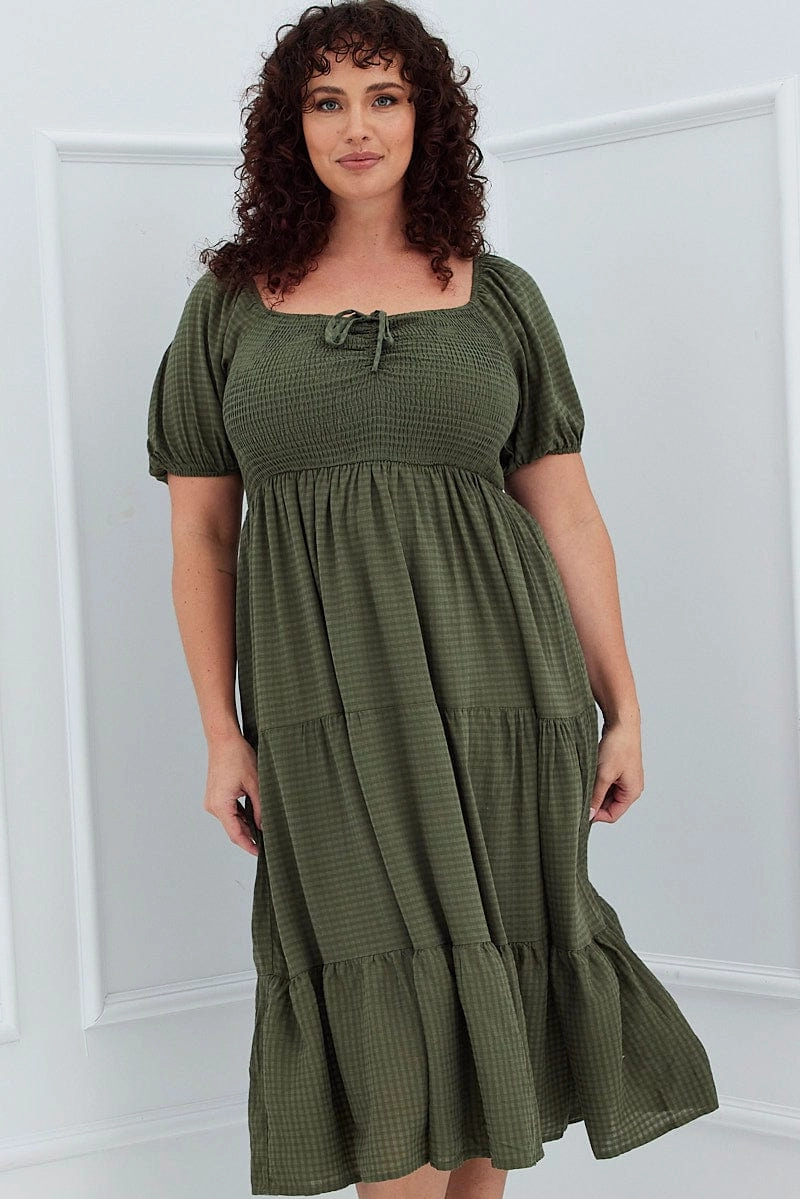 Khaki Short Sleeve Shirred Midi Dress Charming Comfort Lace Detail