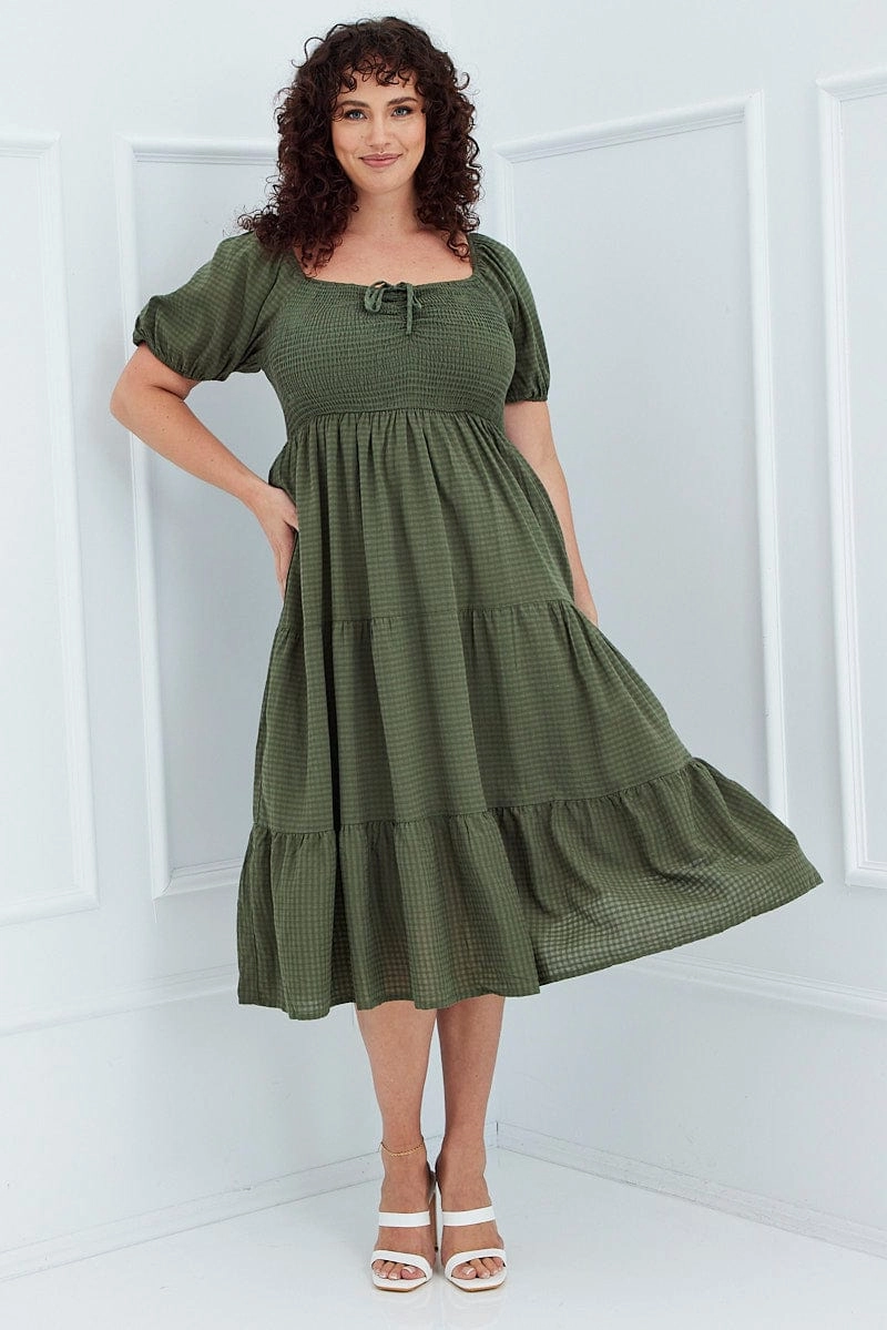 Khaki Short Sleeve Shirred Midi Dress AntiStaticMaterial Bloom Soft