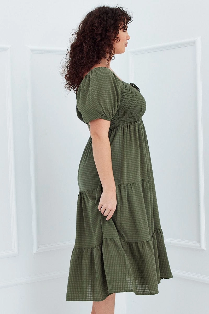 Khaki Short Sleeve Shirred Midi Dress Trend Smart