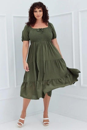 Khaki Short Sleeve Shirred Midi Dress Blush Shade