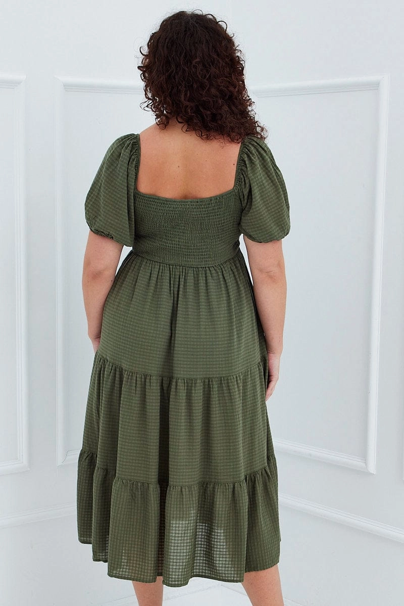 classic waist Clean Structure Khaki Short Sleeve Shirred Midi Dress