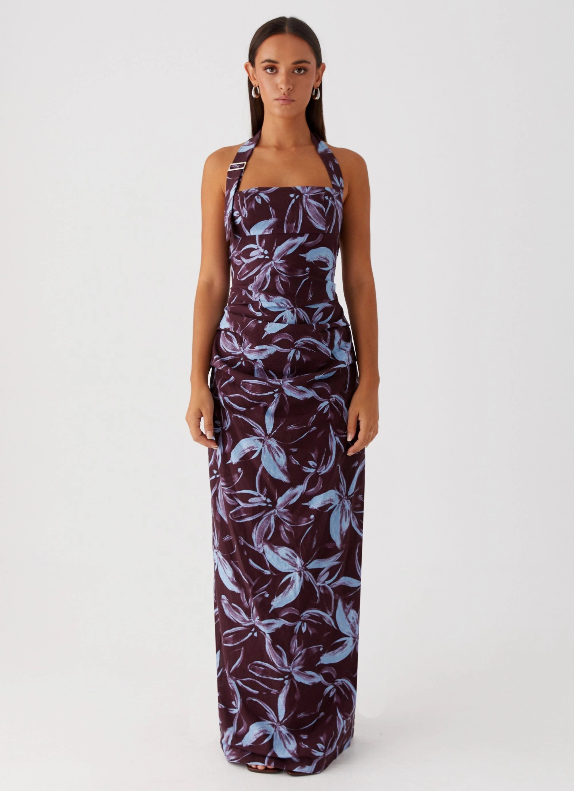 Japan Cool Fauna Halter Maxi Dress - Brown Purple Floral