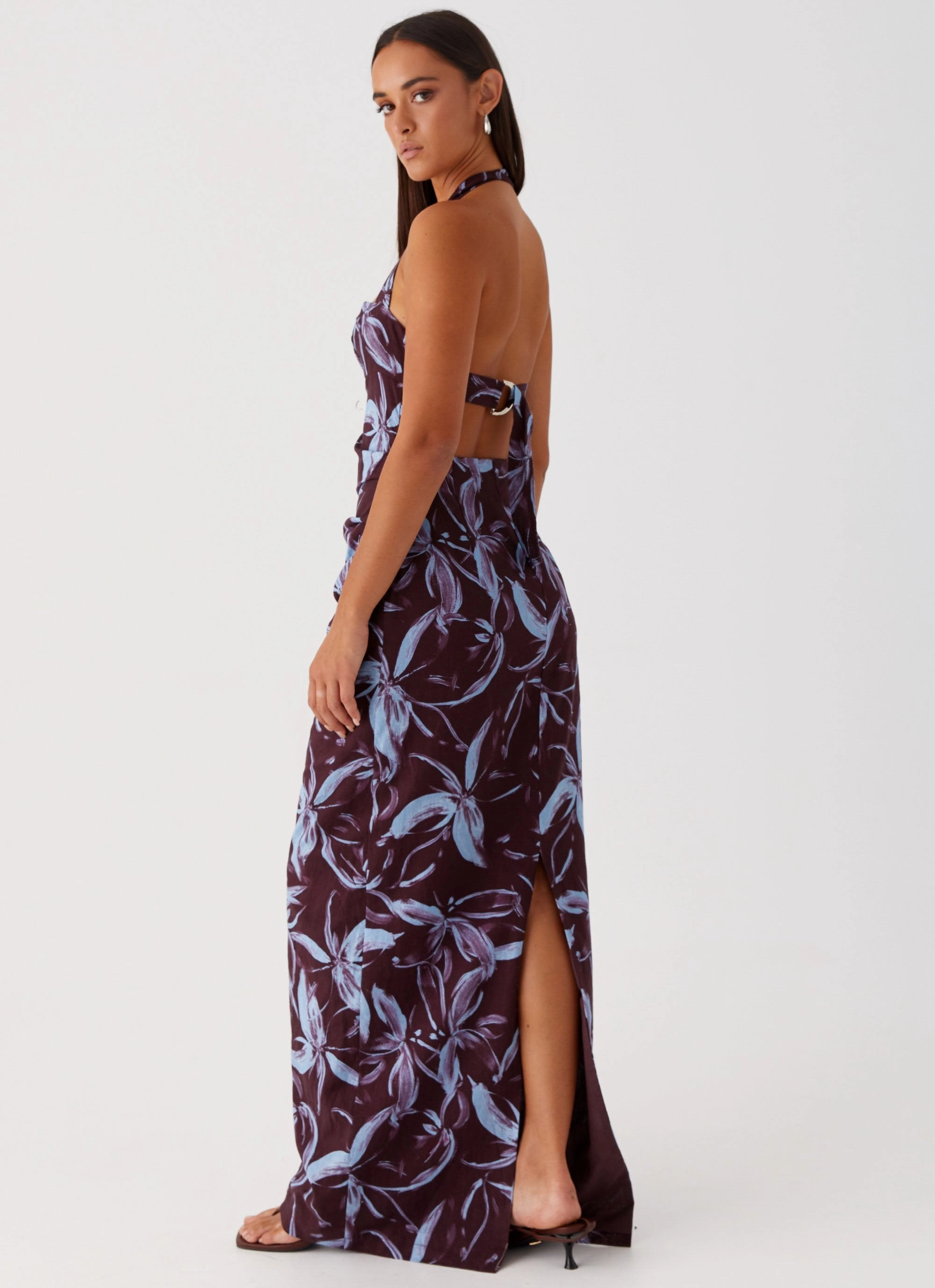 Fauna Halter Maxi Dress - Brown Purple Floral Calm Outfit Soft-touch