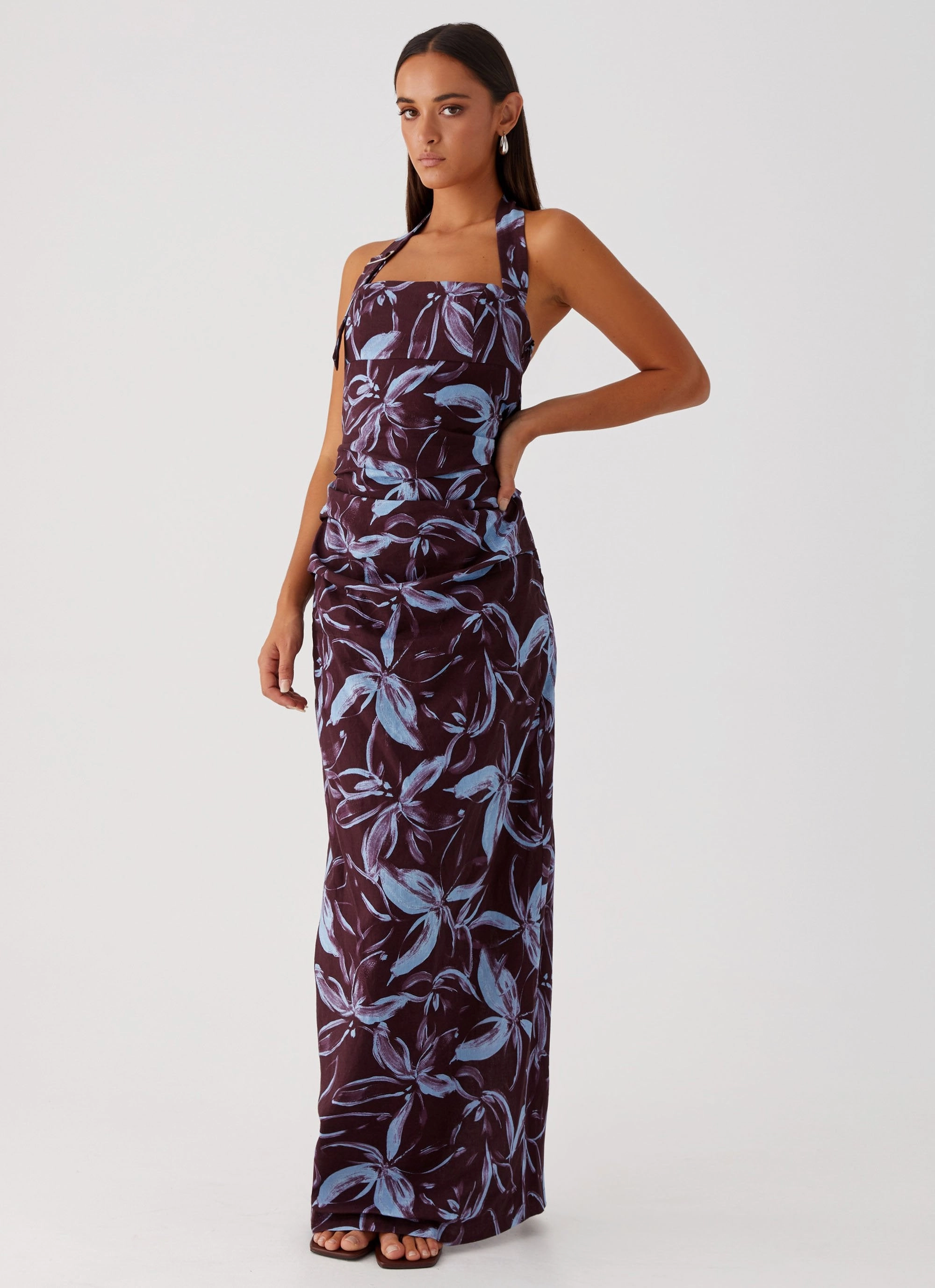 Fauna Halter Maxi Dress - Brown Purple Floral Chic Waistband Perfect Layering