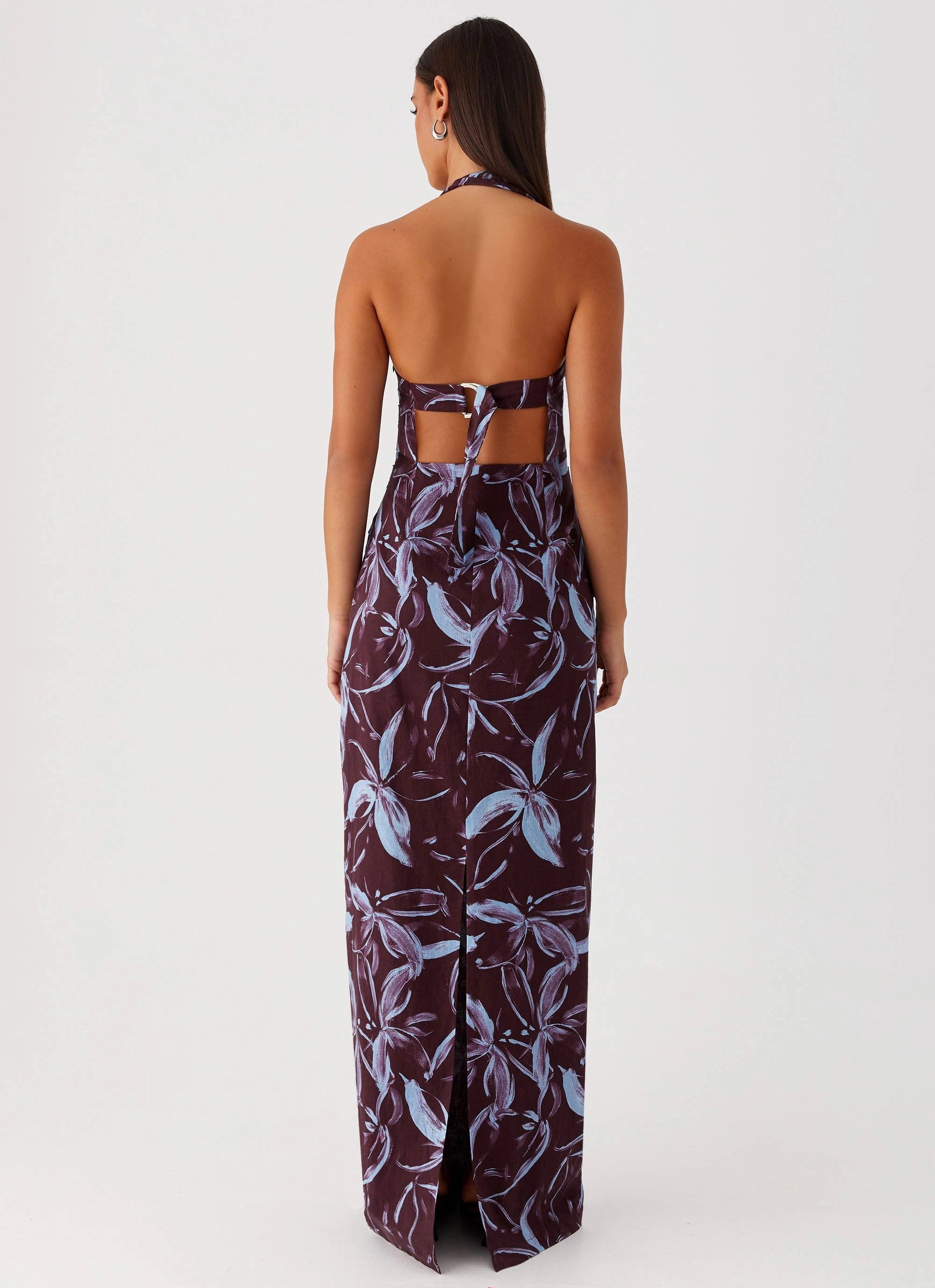 Fauna Halter Maxi Dress - Brown Purple Floral Flap-Detail ConvertibleNeckline