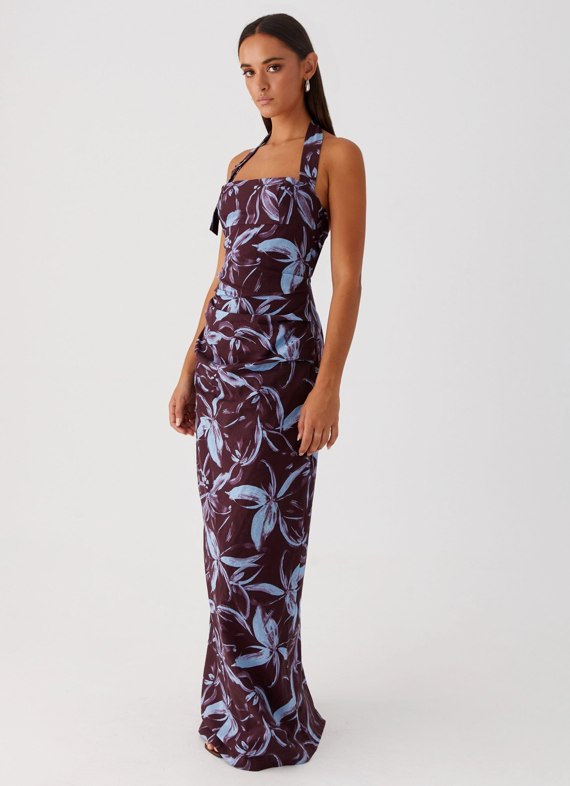 Fauna Halter Maxi Dress - Brown Purple Floral Office Wear
