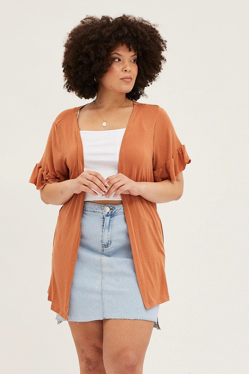 Windproof Thermal Shell Frictionless Zipper Tracks Beige Ruffle Sleeve Longline Cardigan