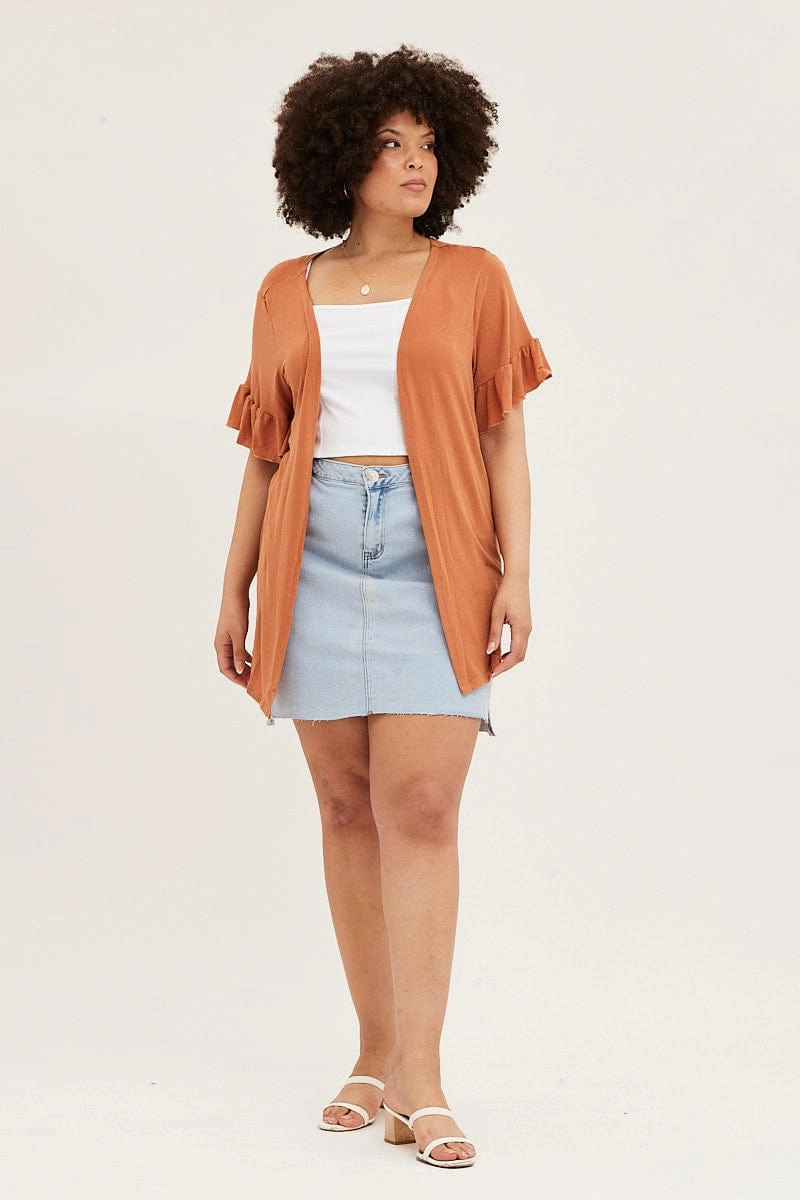 Functional Zip Detail Reinforced Seam Durability Beige Ruffle Sleeve Longline Cardigan