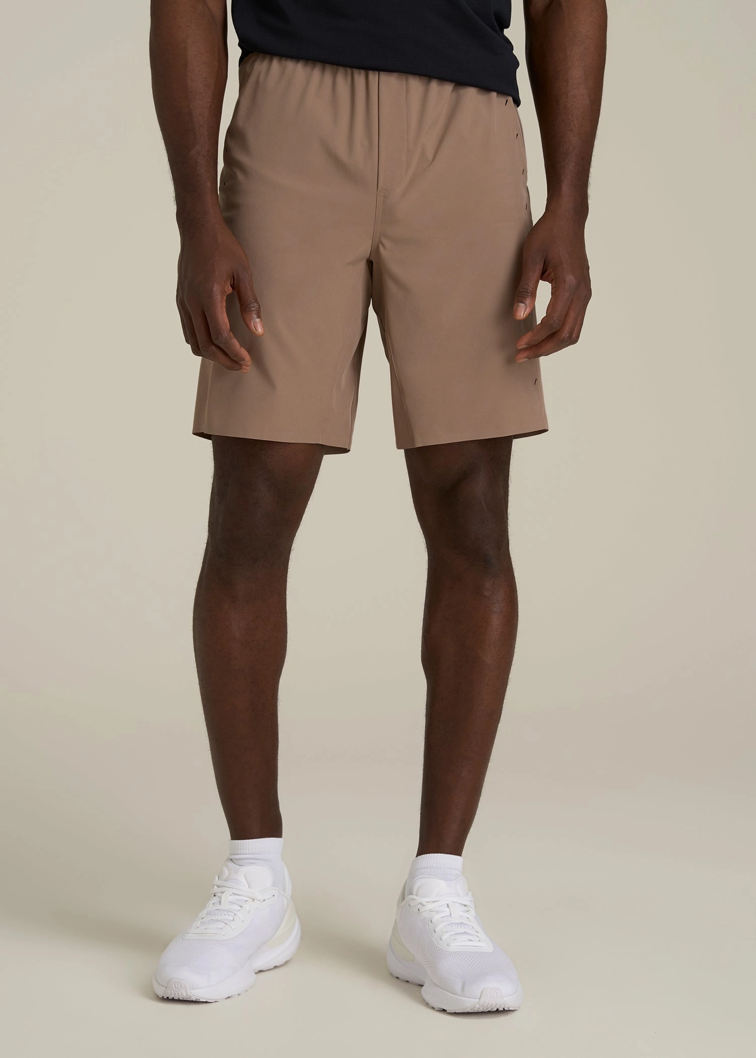 Ventilated Back Panels Featherweight Perforated Training Shorts for Tall Men in Dark Sand
