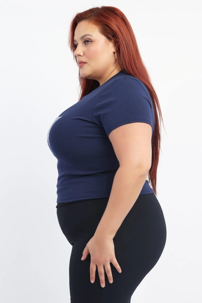 Wrinkle Resistant Blue Graphic T-shirt Short Sleeve Crew Neck