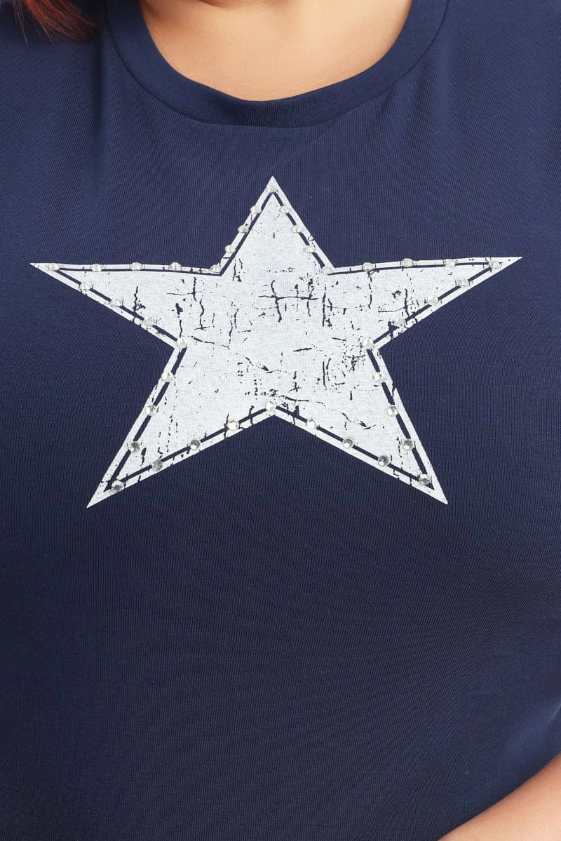 Blue Graphic T-shirt Short Sleeve Crew Neck Trendy Layering