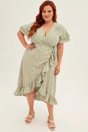 Daytime Mood Ditsy Print Short Sleeve Frill Hem Wrap Dress