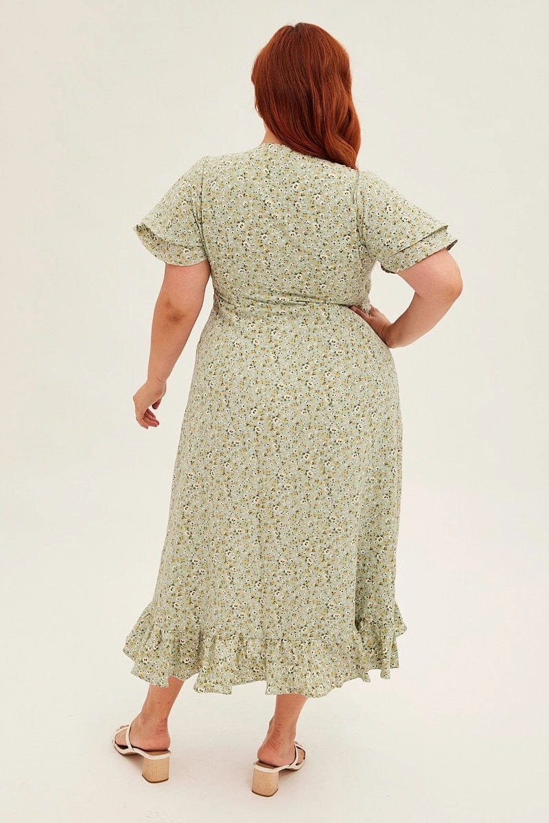 Ditsy Print Short Sleeve Frill Hem Wrap Dress Smocked-Detail FlexibleClosure