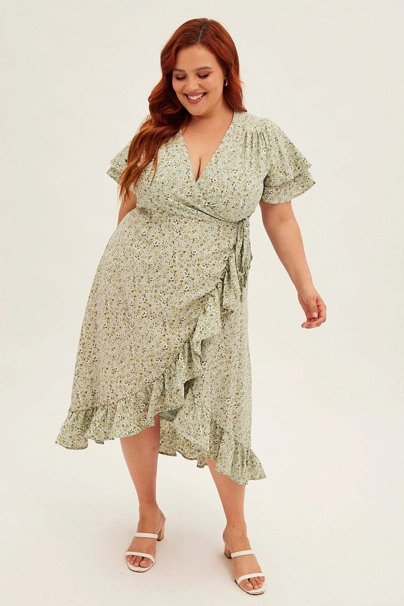 Ditsy Print Short Sleeve Frill Hem Wrap Dress Shared Moment Evening Vibe