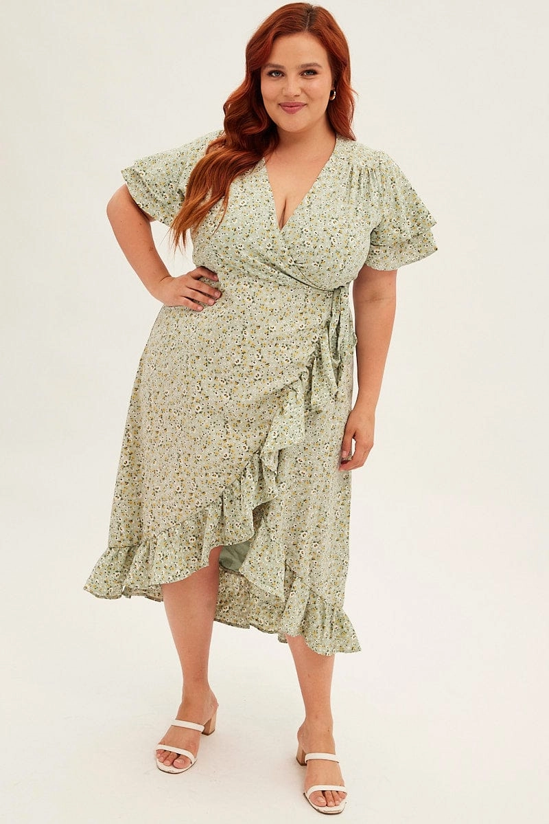 Daytime Mood Ditsy Print Short Sleeve Frill Hem Wrap Dress