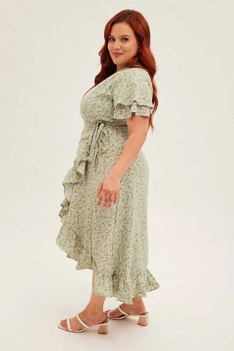Sleeve Light Ditsy Print Short Sleeve Frill Hem Wrap Dress