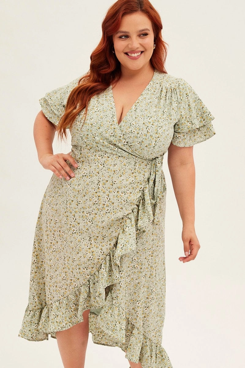 Pure Motion Ditsy Print Short Sleeve Frill Hem Wrap Dress