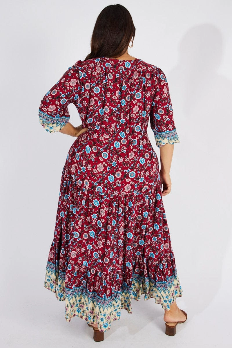 Luxe Wear Multi Boho Maxidress Puff 3/4 Sleeve Drawstring Waist