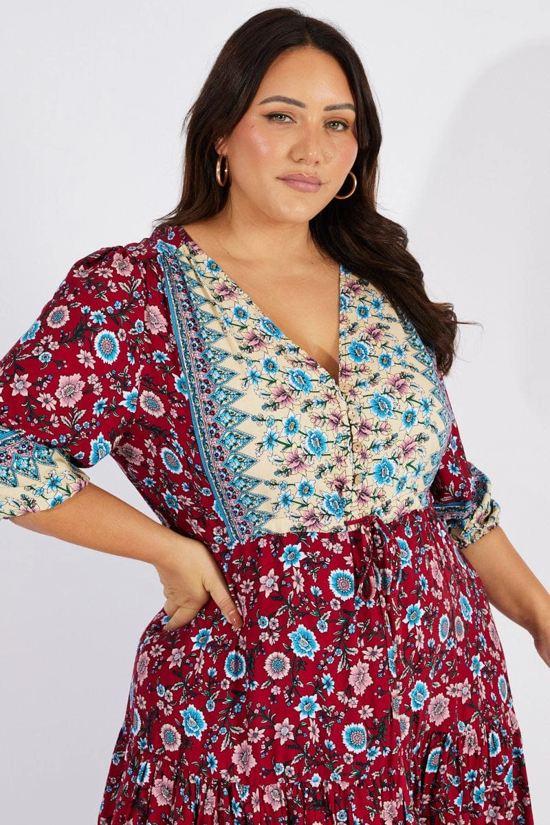 Multi Boho Maxidress Puff 3/4 Sleeve Drawstring Waist Flexible Comfort