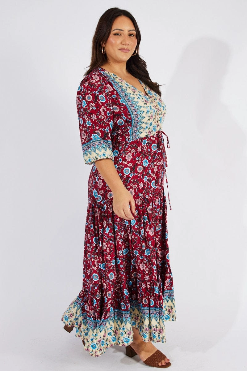Natural Fit Multi Boho Maxidress Puff 3/4 Sleeve Drawstring Waist