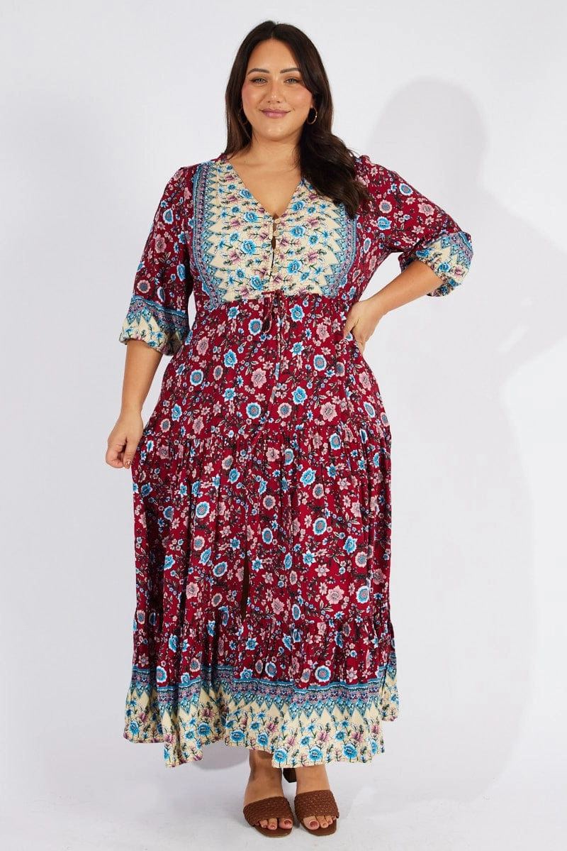 Sleek Volume Clasp-Closure Multi Boho Maxidress Puff 3/4 Sleeve Drawstring Waist