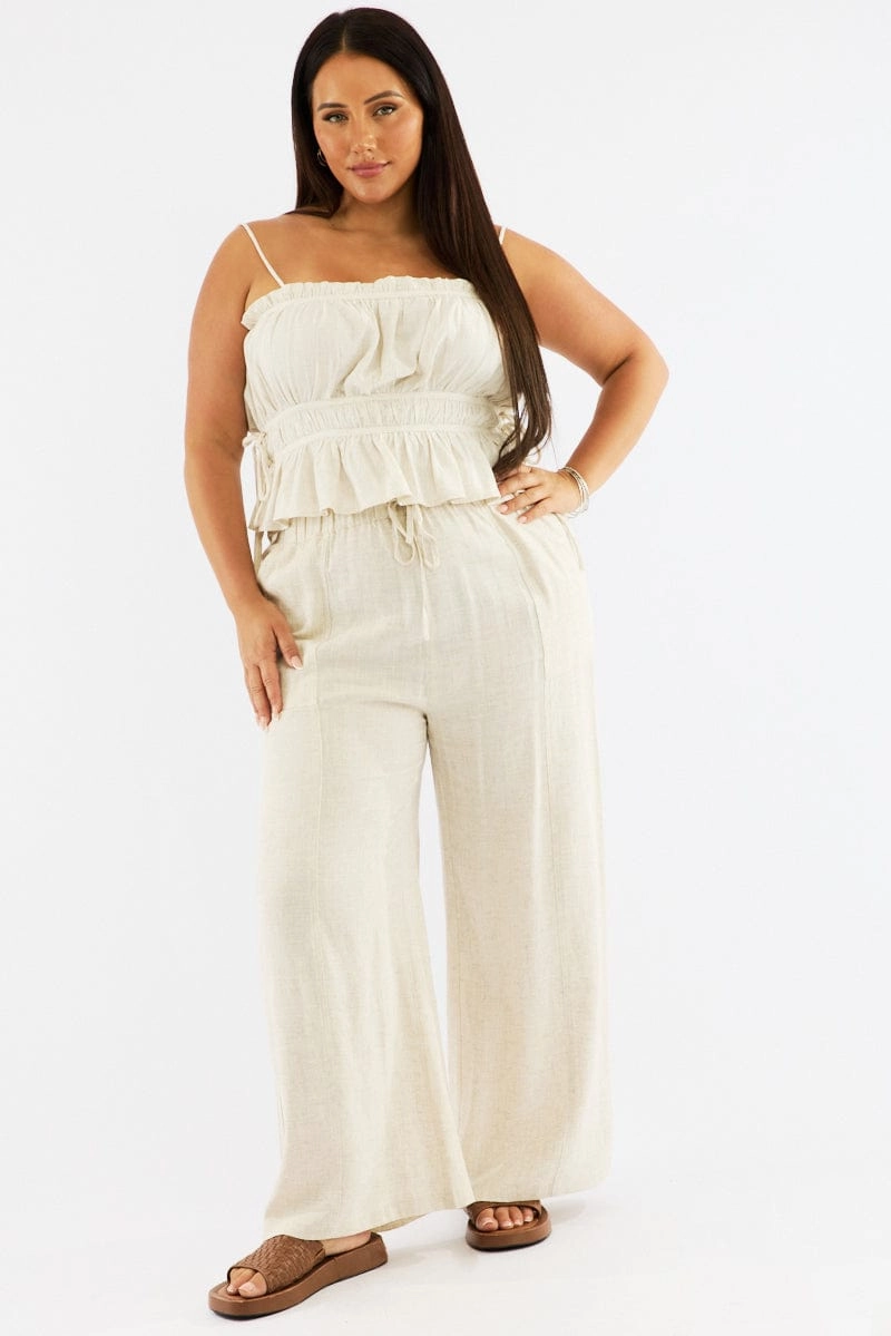 Beige Seam Detail Linen Blend Wide Leg Pants Button front