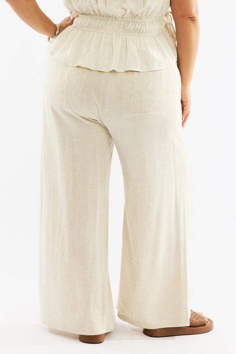 Built-in shorts Quick Release Buckle Beige Seam Detail Linen Blend Wide Leg Pants