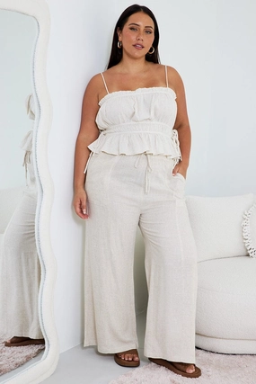 Beige Seam Detail Linen Blend Wide Leg Pants PermeableCloth