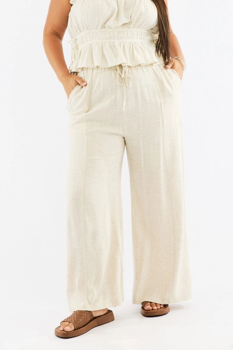 Beige Seam Detail Linen Blend Wide Leg Pants Modern Relaxed Stretchy Waist